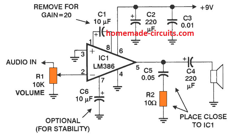 como construir um circuito amplificador LM386
