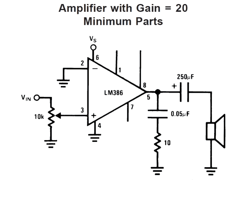 Circuito amplificador LM386 com ganho 20