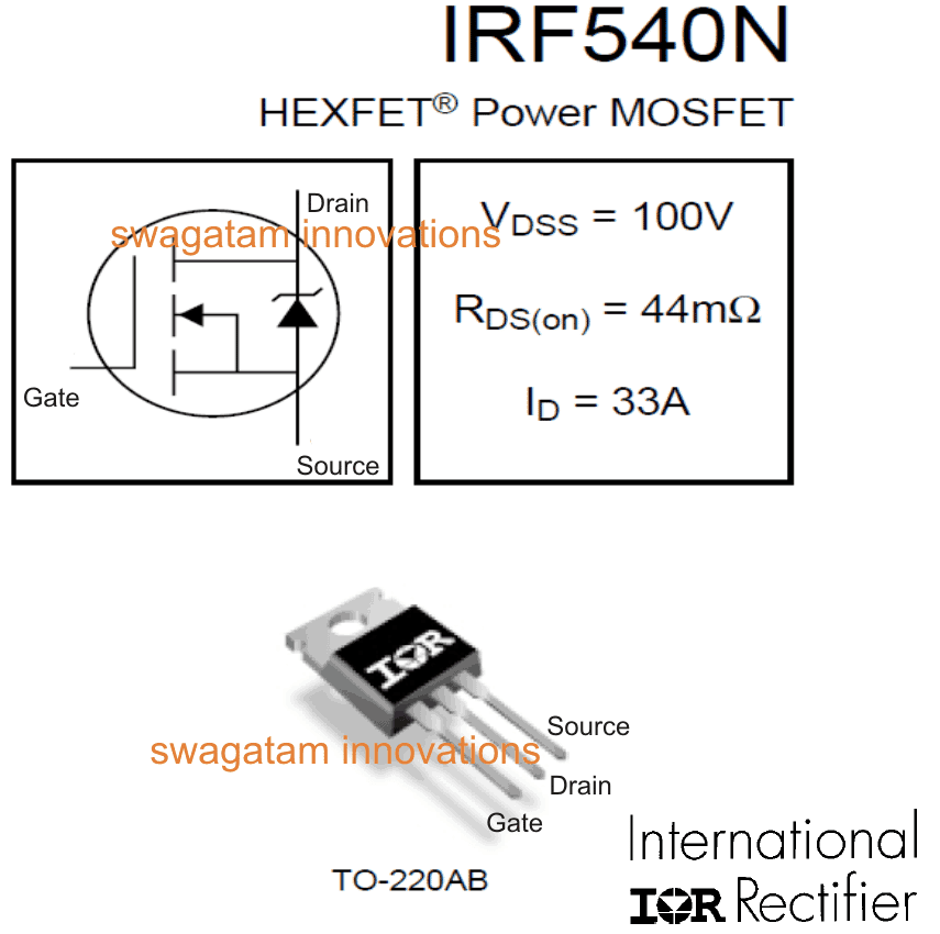 Разпределение на IRF540N MOSFET, лист с данни, обяснение на приложението