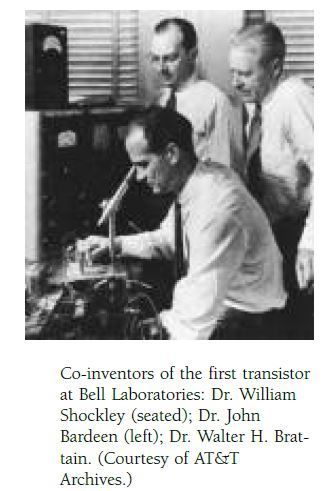 Съизобретатели на първия транзистор в лабораториите на Бел: д-р Уилям Шокли (седнал) д-р Джон Бардийн (вляво) д-р Уолтър Х. Браттейн. (С любезното съдействие на архивите на AT&T.)