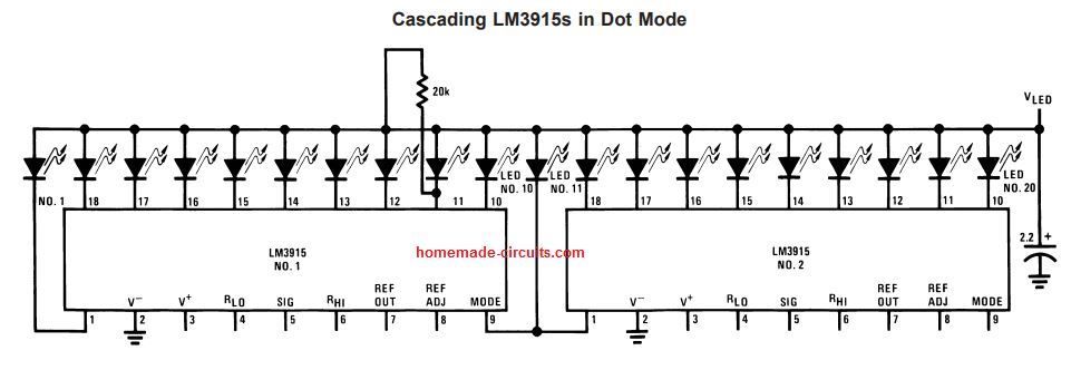 каскадни интегрални схеми LM3915 в режим DOT