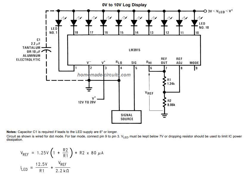 LM3915 IC Fiche technique, brochage, circuits d'application