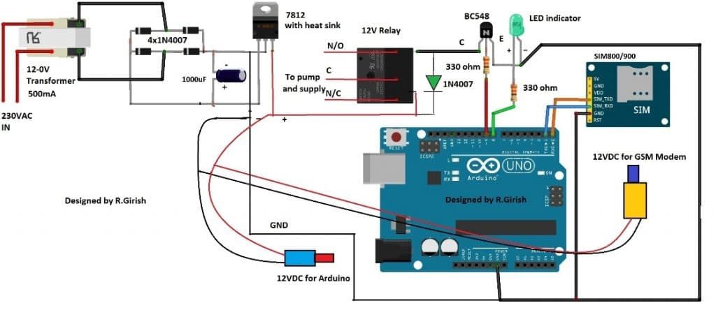 Circuito controlador de motor de bomba GSM usando Arduino