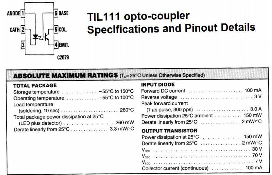 TIL111 opt-kobling Pinout detaljer