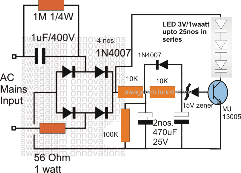 Lacný vysokonapäťový LED vodičový obvod chránený proti prepätiu