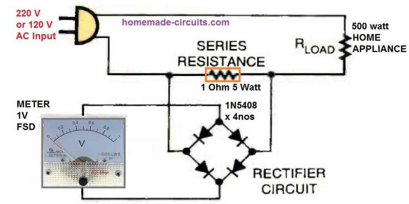 Circuito amperometro CA per misurare la corrente su apparecchi a 220 V