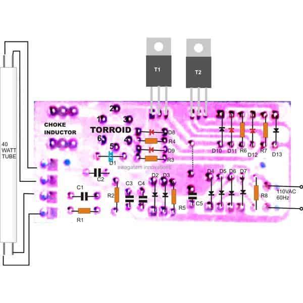 Umístění komponent rozložení desky plošných spojů 40 W elektronického předřadníku