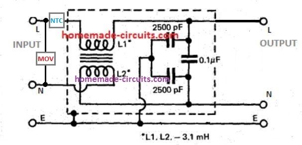 Circuito de filtro de linha RFI com supressão de surto