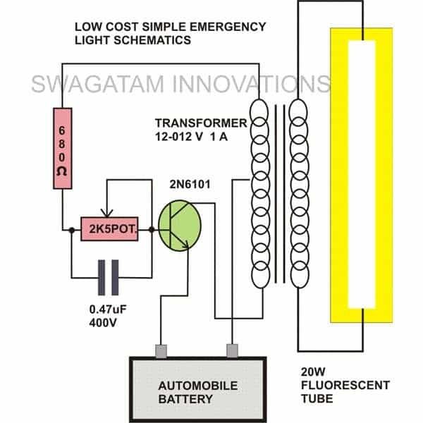 Circuito de lámpara fluorescente de emergencia de 20 vatios con inversor de transformador y batería