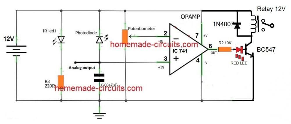 circuito sensor de proximidade IR simples com ativação de relé