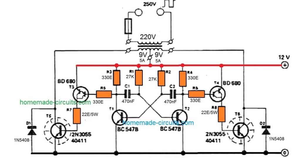 Inverter 2N3055 circuito semplice da 100 watt