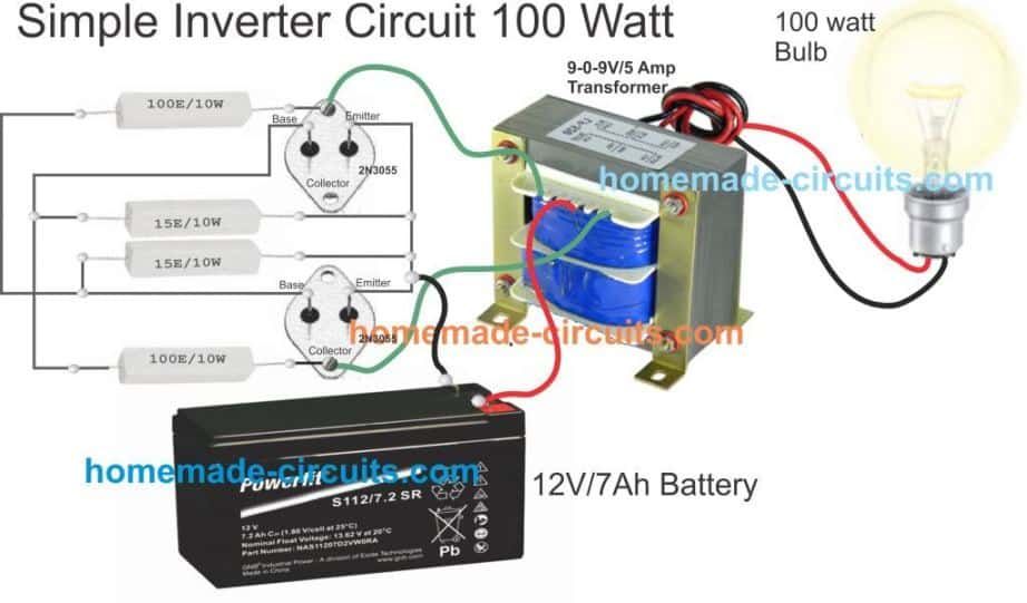 jednoduché zapojenie obvodu invertora s transformátorom, 12V batériou 7Ah a tranzistormi