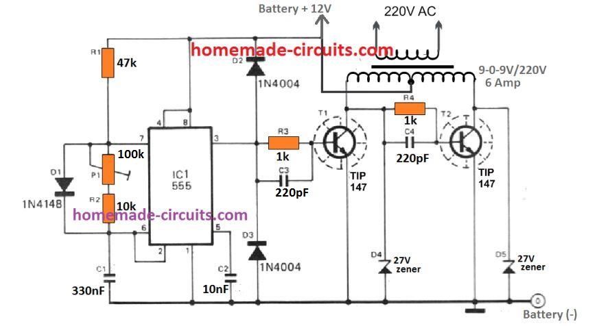 IC 555 inverter kredsløb ved hjælp af kun to transistorer