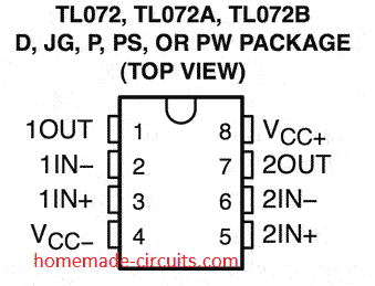 Detalhes de pinagem IC TL072