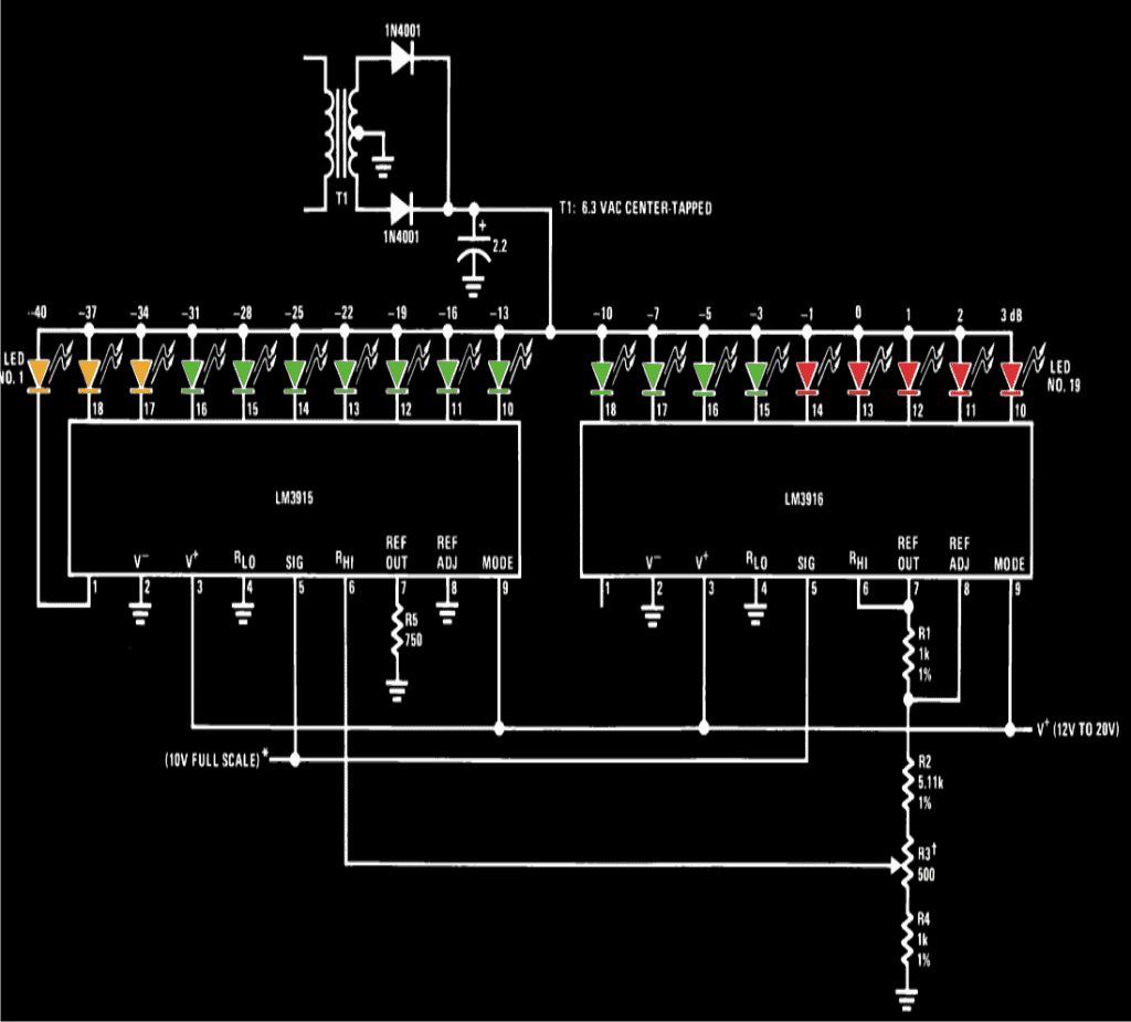Circuito medidor VU de 20 LEDs baseado em LM3915