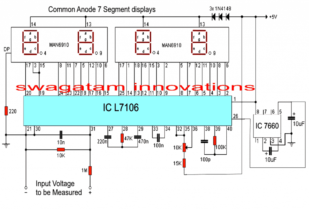 Skaitmeninė voltmetro grandinė naudojant IC L7107