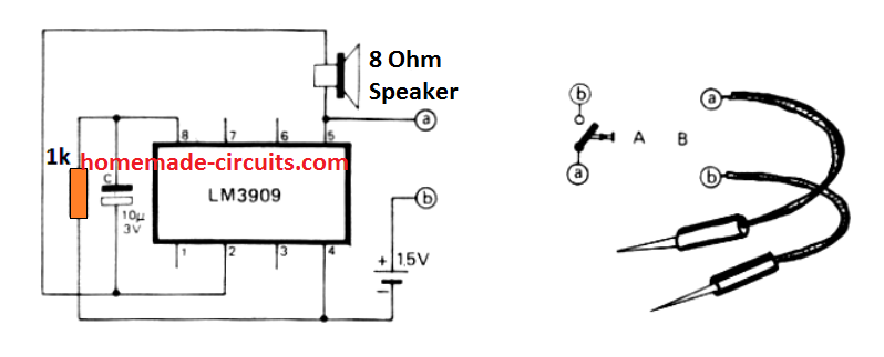 circuito del tester di continuità semplice utilizzando LM3909 IC