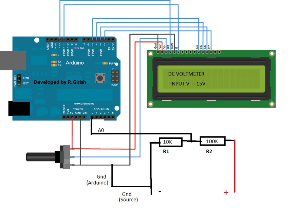 ArduinoベースのDC電圧計回路