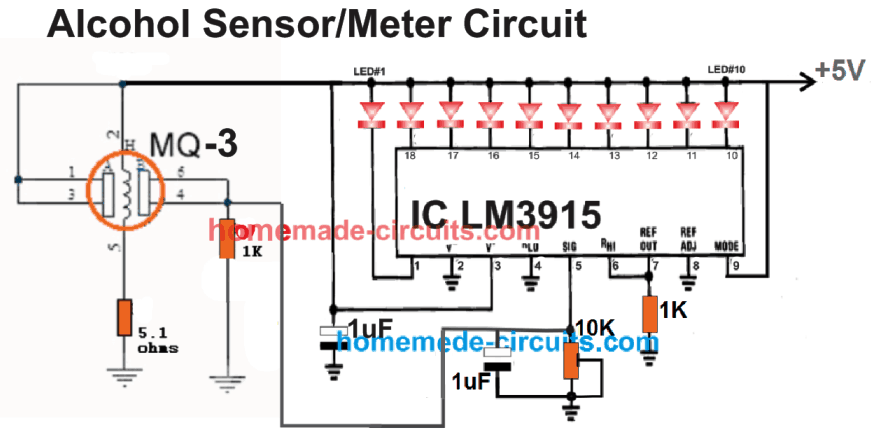 diagrama de circuito completo do sensor do bafômetro de álcool MQ-3 usando LEDs