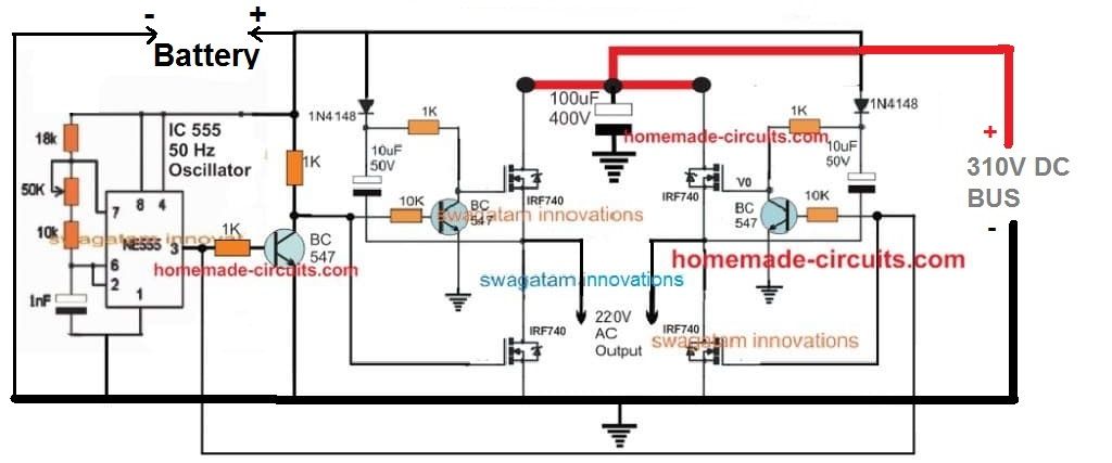 circuito inversor de ponte completa transistorizado simples usando partes discretas