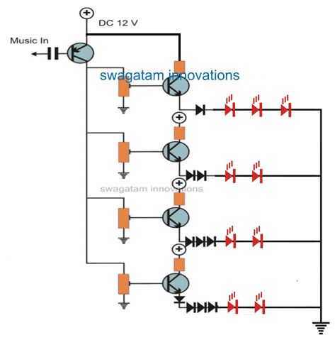 circuito indicador de nível de música LED múltiplo transistor