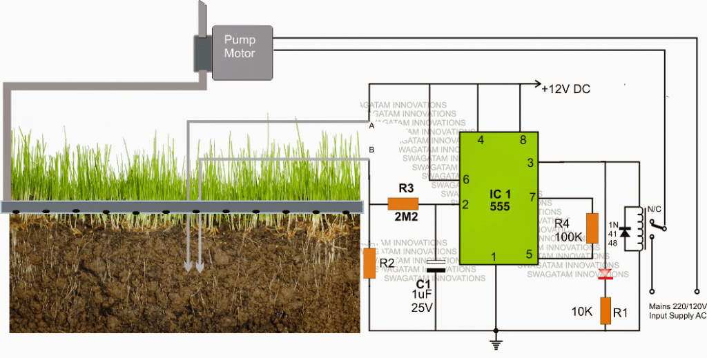 Paprasta automatinė augalų laistymo grandinė dirvožemio drėgmei stebėti