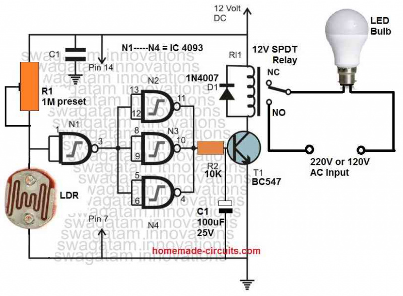   Gambar rajah litar lampu jalan automatik IC 4093