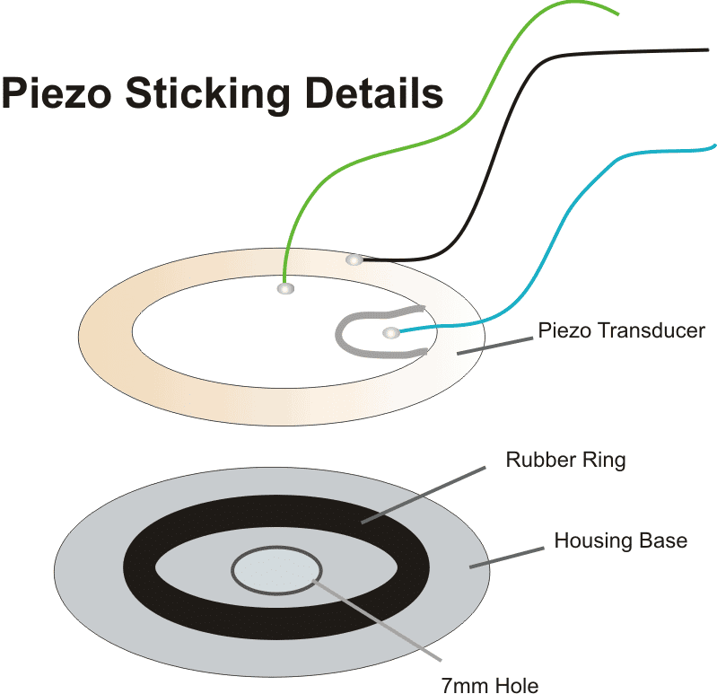 hvordan man fastgør piezo-transduceren på en gummiring og et hus for maksimal lyd