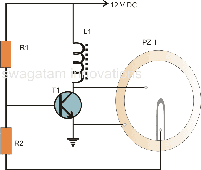 једноставно коло зујалице помоћу једног транзистора БЦ547, пиезо 27 мм и индуктора