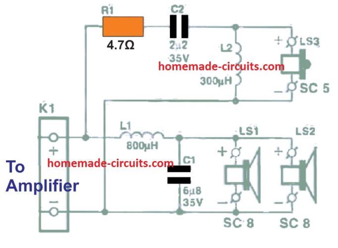 O alto-falante central de som surround cruza o diagrama de circuito de rede