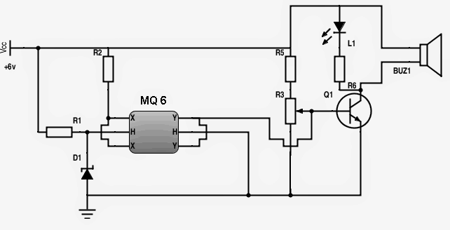 jednoduchý obvod senzoru plynu MQ-6