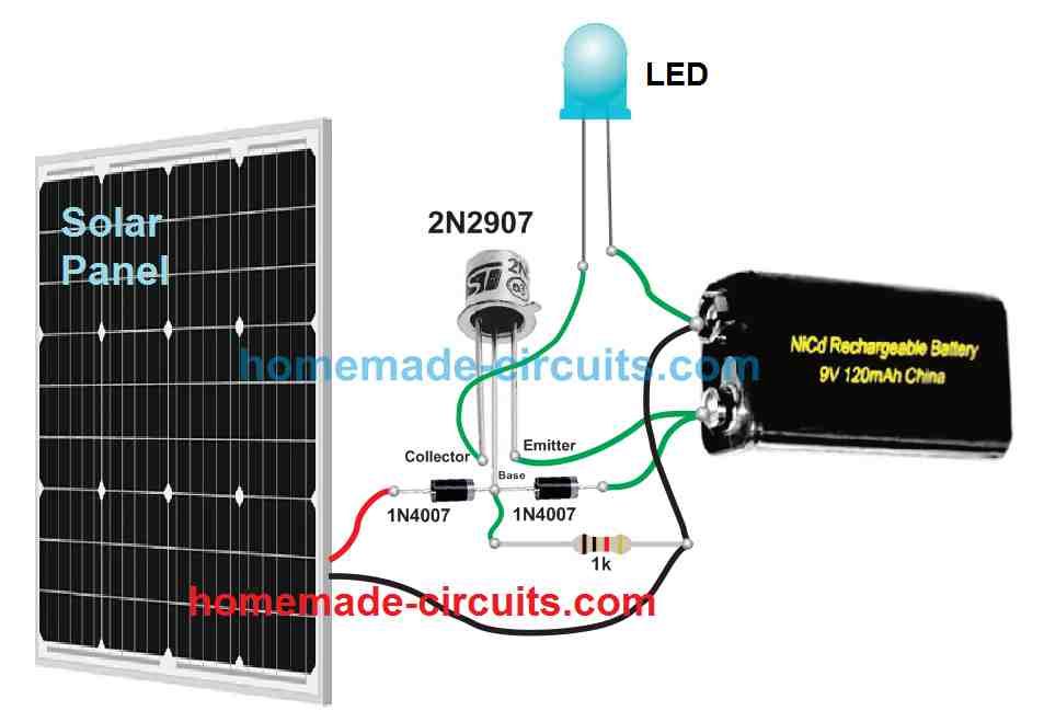 lampu taman LED, transistor, panel surya mengatur diagram bergambar