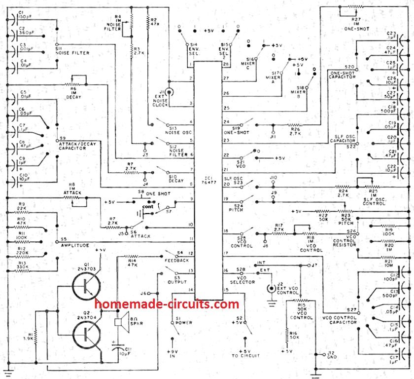 Circuit generador de so de metralladora millorada (MG) mitjançant IC SN76477