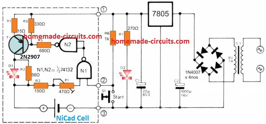simpleng NiCd charger circuit na may proteksyon ng labis na singil at pare-pareho ang kasalukuyang pagsingil