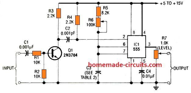 como acionar o pino 2 do IC 555 monoestável com um estágio diferenciador de transistor