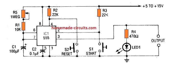 circuito temporizador IC 555 simples com facilidade de ajuste e reinicialização