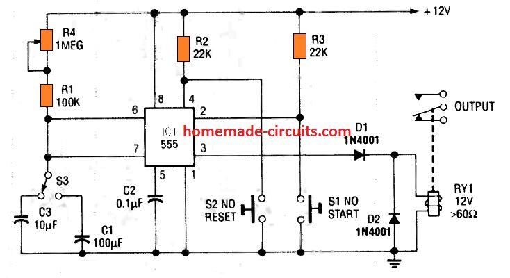 circuito temporizador IC 555 de duas faixas selecionáveis