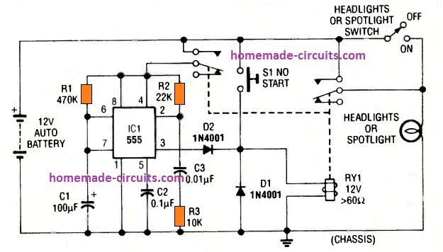 circuito temporizador de farol de carro ativado manualmente usando IC 555
