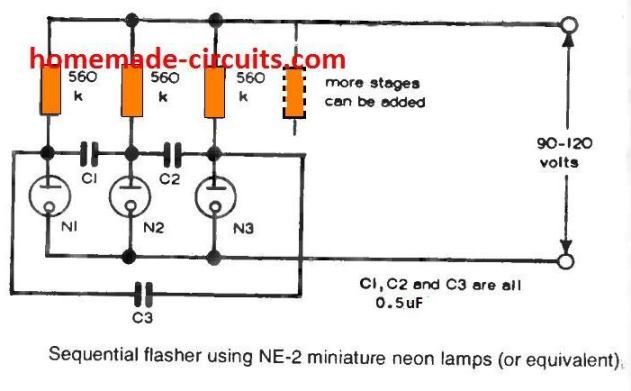 Последователен мигач, използващ NE -2 миниатюрни неонови лампи