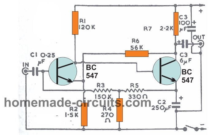 circuito pré-amplificador de dois transistores