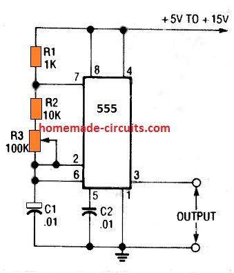 Jednoduchý proměnný obvod oscilátoru IC 555