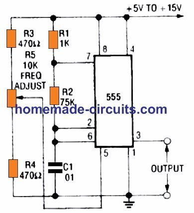 jak modulovat výstupní frekvenci IC 555 pomocí ovládacího vstupu pinu 5