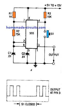 с помощта на щифт 4 нулиране на IC 555 за прекъсване на честотата на осцилатора
