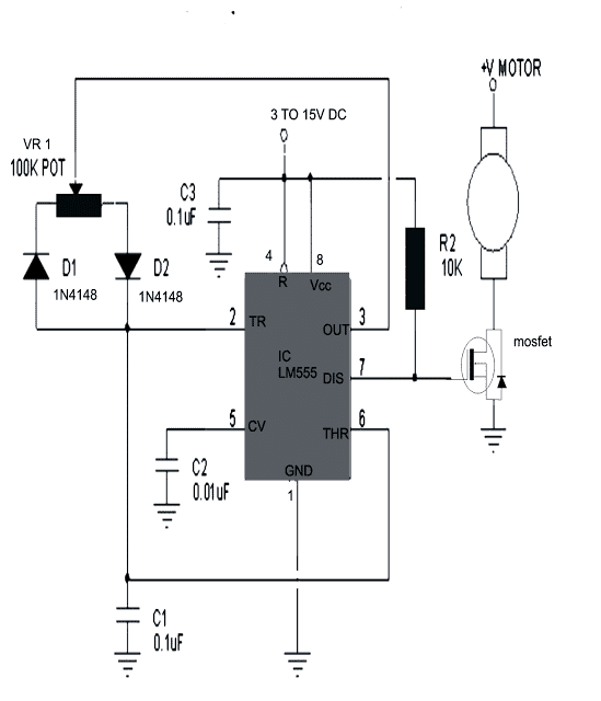 IC 555 базиран на потенциометър регулатор на скоростта на постояннотоков двигател