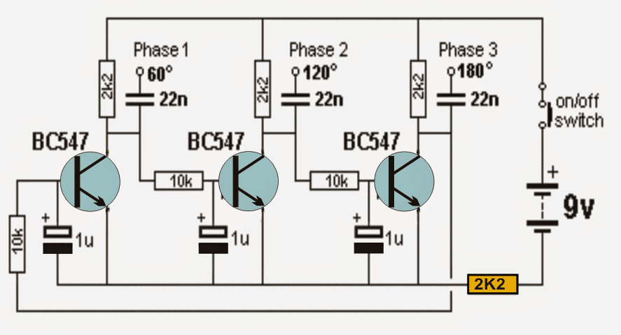 BC547 tranzistoriaus pagrindu sukurta 3 fazių signalo generatoriaus grandinė
