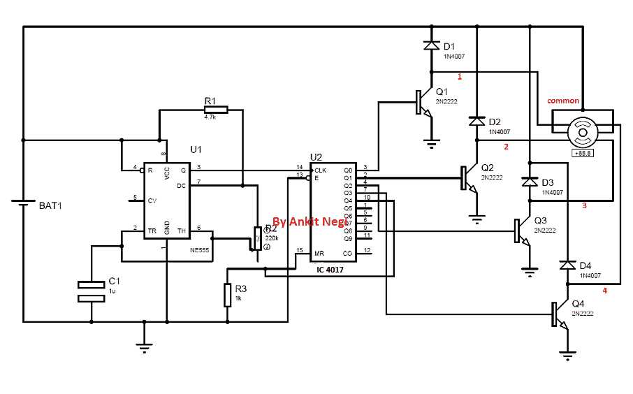 semplice circuito del driver del motore passo-passo che utilizza IC 555