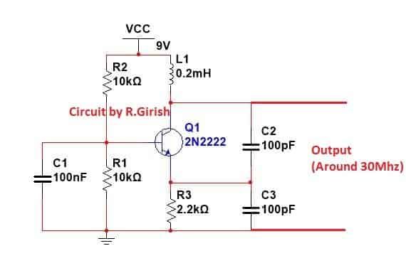 colpitts ऑसिलेटर सर्किट जो लगभग 30 Mhz सिग्नल उत्पन्न कर सकता है