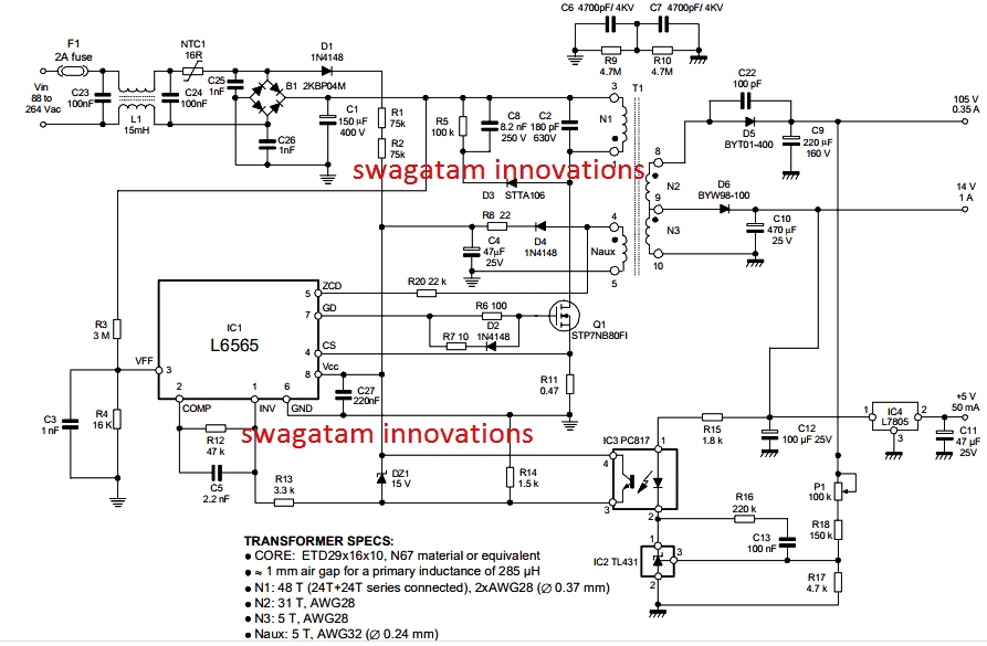 Obwód SMPS 110 V, 14 V, 5 V - szczegółowe schematy z ilustracjami