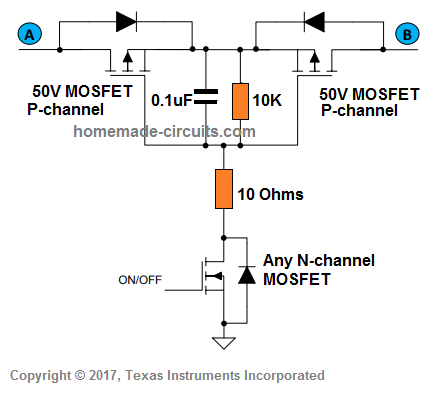 Dvikryptė jungiklio grandinė naudojant p-kanalo MOSFET