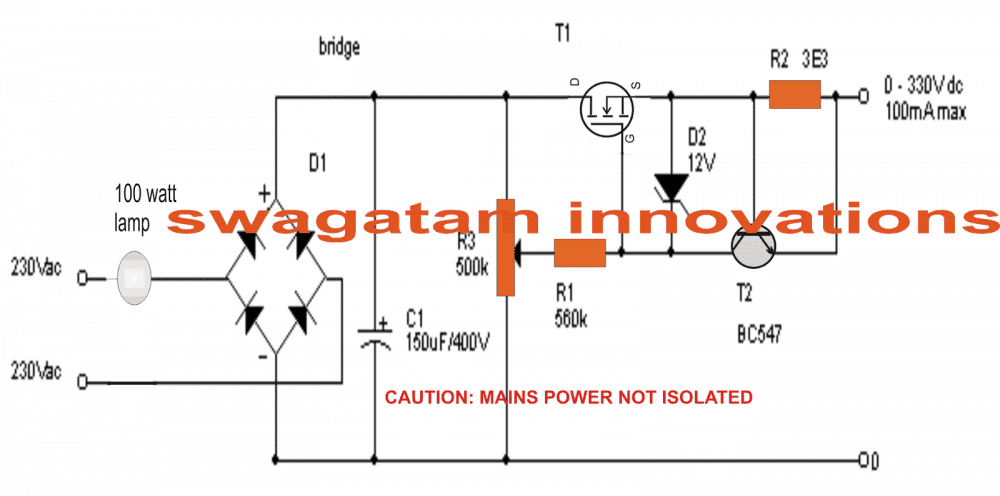 Circuito de fonte de alimentação sem transformador MOSFET ajustável de 0-300 V